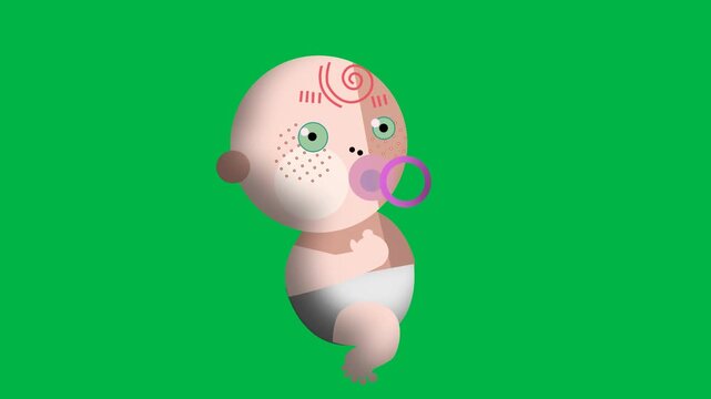Cute baby in diaper crawling playfully on green screen chromakey background. Adorable loopable 2d animated cartoon animation perfect for infant, toddler, family, and childhood development videos.