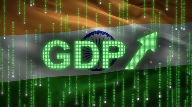 Dynamic Indian GDP growth forecast with tech matrix overlay showing positive economic outlook for India's financial future in a modern digital world