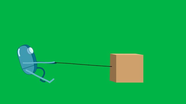 Blue character pulling heavy brown box with rope on green screen chromakey background. Funny loopable 2d animated cartoon animation perfect for effort, struggle, moving, and hard work comedy scenes.