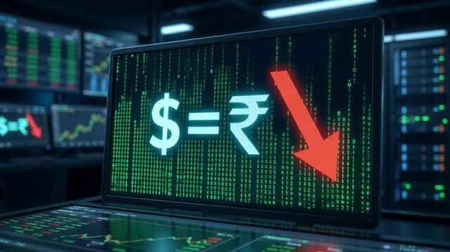 Dollar falling against Rupee in dramatic market downturn, financial crisis looming, trading room data stream, currency devaluation, forex risk, modern finance