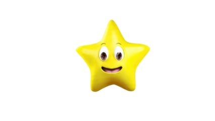 A vibrant, smiling yellow star character with cartoon features, big eyes, and an open mouth, conveying joy and success. background removed