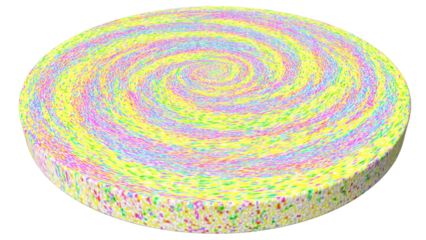A colorful, speckled disc featuring a swirling, psychedelic pattern on its surface and confetti-like edges, presented on a transparent background. background removed