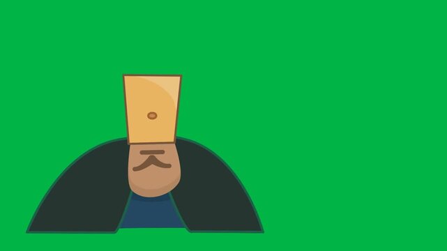 Sad character with black cape sitting depressed on ground on green screen chromakey background. Emotional loopable 2d animated cartoon animation perfect for loneliness, drama, and melancholic scenes.
