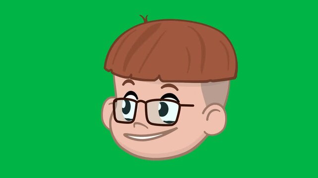 Cute nerdy boy with glasses and red hair looking curious on green screen chromakey background. Adorable loopable 2d animated cartoon animation perfect for school, smart kids, and geek character