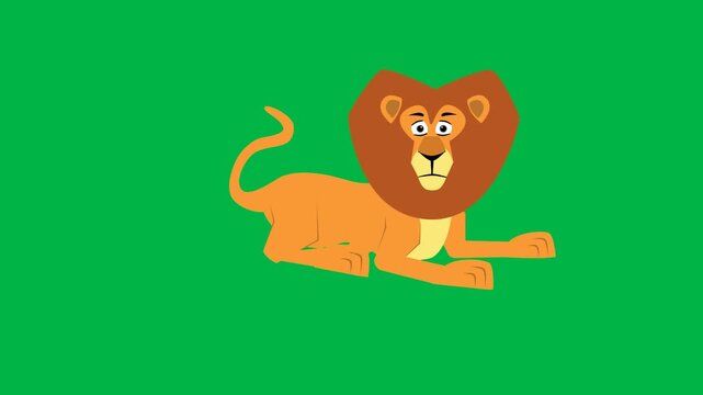 Orange lion pouncing forward with gingerbread man on green screen chromakey background. Funny loopable 2d animated cartoon animation perfect for chase, comedy, and predator-prey humor scenes.