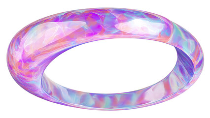 A vibrant, iridescent, translucent ring with a glossy, fluid surface, showcasing a blend of pink, purple, and blue holographic colors in an abstract form. background removed