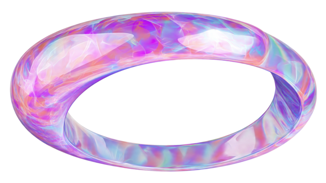 A vibrant, iridescent, translucent ring with a glossy, fluid surface, showcasing a blend of pink, purple, and blue holographic colors in an abstract form. background removed - Powered by Adobe