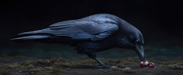 Fototapeta premium The raven scavenges carrion lying on the ground.