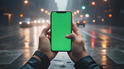 Person holding a smartphone with a green screen for custom footage in a blurry urban street