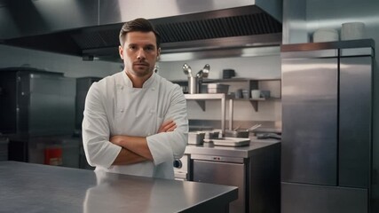 Portrait footage of a successful male chef and restaurateur with arms folded in a clean industrial restaurant kitchen