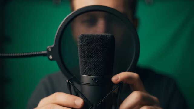 Recording studio footage, a close-up of a microphone with a pop filter against a green screen background