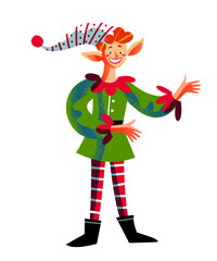 Christmas elf in green outfit and red plaid leggings. Cheerful character with raised hand, wearing blue and red polka-dot hat with red pompom. Holiday vector illustration