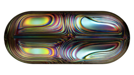 A mesmerizing iridescent capsule with swirling, metallic liquid-like patterns, reflecting a vibrant spectrum of colors in an abstract and futuristic design. background removed