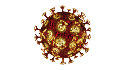 A vibrant, artistic rendering of a virus particle, reminiscent of SARS-CoV-2, featuring intricate red and gold swirling patterns and prominent spike proteins. background removed