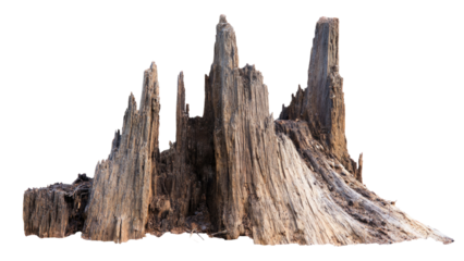 Detailed image of a weathered, ancient tree stump featuring sharp, eroded peaks and a rugged texture, perfect for transparent use. background removed