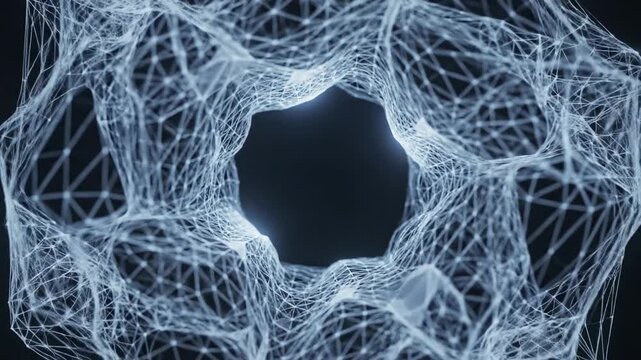 Slowly rotating complex geometric wireframe structure covered in a highly diffuse glowing light source against a dark background concept, clean, blue glow