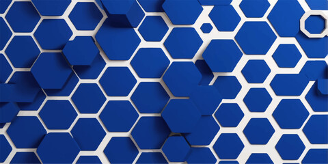Deep blue geometric hexagon layout forming a clean modern 3D pattern on a bright white surface.