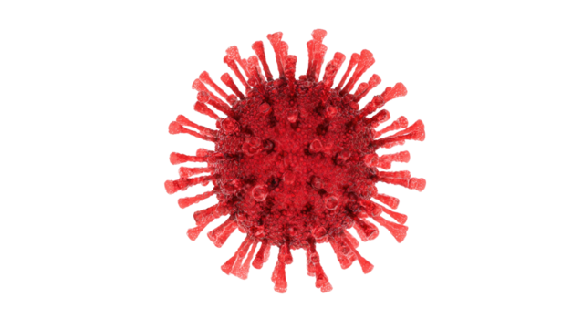 A detailed 3D render of a red coronavirus particle, featuring its characteristic spike proteins, against a solid transparent background, illustrating its viral structure. background removed - Powered by Adobe