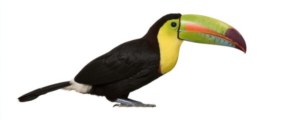 Naklejka premium Toucan shows off its beak like a rainbow's cheeky wink against white.
