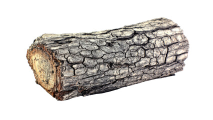 A weathered and textured piece of wood log with dark, cracked bark, displaying rustic charm on a solid transparent background. background removed