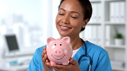Smiling female doctor in blue scrubs holding a pink piggy bank with a stethoscope around her neck in a bright medical office with shelves in the background - Powered by Adobe