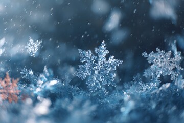 Macro photography of a beautiful, sharp hexagonal snowflake crystal illuminated against a dark blue winter background with falling snow and dramatic bokeh light effect.