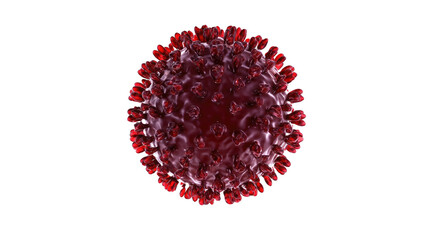 A detailed 3D rendering of a red coronavirus particle, resembling SARS-CoV-2, showcasing its spike proteins and viral structure. background removed