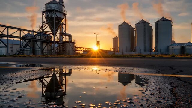 Dramatic sunrise behind industrial silos with reflection in puddle on asphalt, conveying mining and production atmosphere