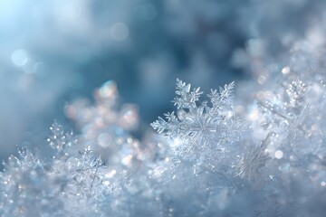 Magnificent macro snowflake on sparkling hoarfrost, captured with sharp focus and a vibrant blue winter bokeh background, ideal for holiday and seasonal design.