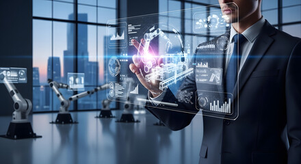 Businessman interacting with futuristic interface controlling robotic arms in a modern setting