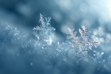 Extreme Macro Detail of Two Perfect Shining Snowflakes Resting on Crystalline Ice Structure Against a Soft Blue Bokeh Background, Capturing the Cold Beauty of Winter.