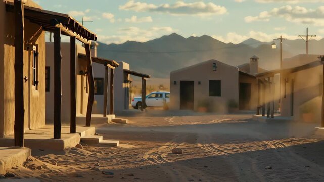 Dusty street scene with rustic adobe buildings under a golden sunset in a remote desert town