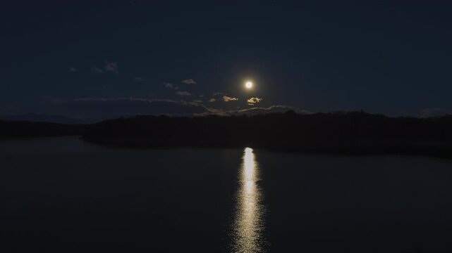 SDR Time Lapse. Full Moon Over Sayama Lake Moments Before Moonset &ndash; Serene Night Reflection and Forest Silhouette