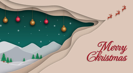 Merry Christmas Paper Cut Winter Landscape with Reindeer Sleigh