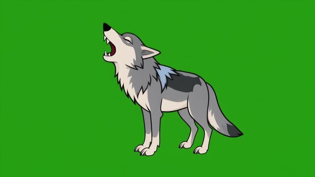 Gray wolf standing and howling on green background.
