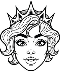 Stylized Queen Face Line Art with Crown &ndash; Elegant Female Portrait for Royalty, Beauty, Fashion, and Feminine-Themed Design Concepts
