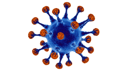 A microscopic blue virus or bacteria with orange spiky surface on a transparent background, representing a pathogen or germ illustration. background removed