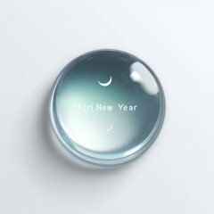 A clear, iridescent water droplet with the crescent moon and text "Hijri New Year" on a white background