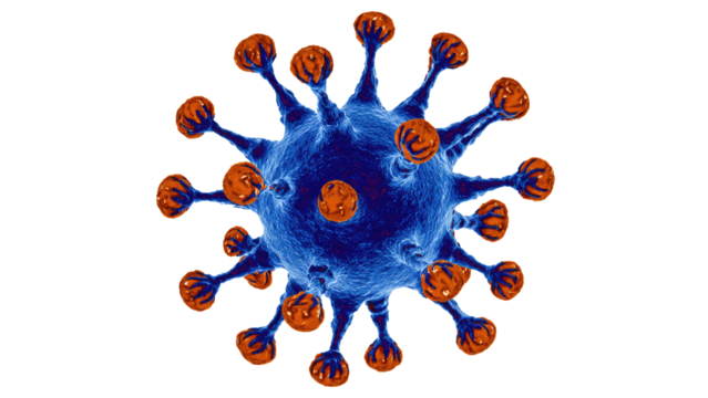 A microscopic blue virus or bacteria with orange spiky surface on a transparent background, representing a pathogen or germ illustration. background removed - Powered by Adobe