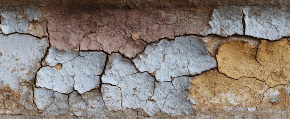 Fototapeta premium Cracked paint texture exposing a weathered and worn aged surface underneath layers