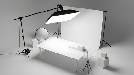 Professional studio setup for product photography featuring a softbox light backdrop and table with objects for a clean and illuminated still life shot