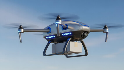 Futuristic advanced drone with multiple rotors and cargo attachment flying in a clear blue sky representing modern aerial technology and delivery solutions