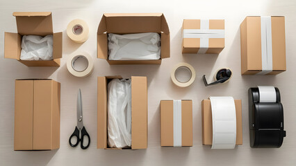 Overhead view of various cardboard boxes packing tape scissors and a tape dispenser arranged on a light colored surface ready for shipping and logistics