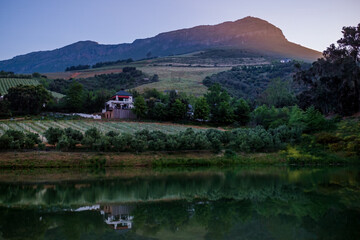 Fototapeta premium Peaceful Vineyard Landscape with Farmhouse and Mountain Views at Sunset Reflected in Still Water – South African Winelands Scenery