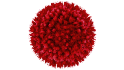 Vibrant red spherical object resembling a virus or bacterium, composed of numerous fine, spiky filaments, against a plain transparent background. background removed