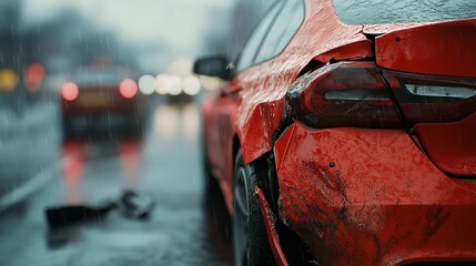 Red Damaged Car on Rainy City Street High Detail damages Scene Photography