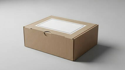 A simple brown cardboard shipping box with a blank white label on top isolated on a plain gray background ready for shipping and delivery