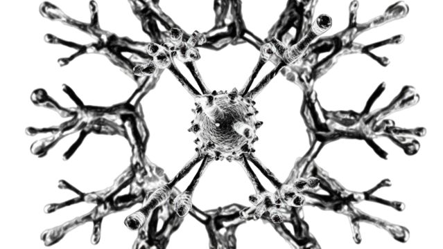 Microscopic render of a complex central cell with numerous spiky and branching dendrite-like extensions, creating a symmetrical biological or abstract pattern in grayscale. background removed - Powered by Adobe