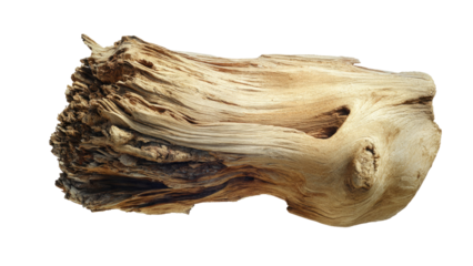 A beautifully textured and weathered piece of light-colored driftwood or old log, showcasing intricate natural patterns and decay. background removed