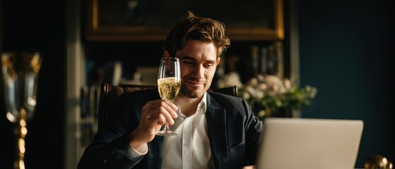 High achiever man celebrating promotion alone with champagne showing success milestone without anyone to share in home office setting representing career victory but personal loneliness hollow victory